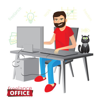 Funny bearded freelancer working at home on the computer with no pants in red slippers. Next to him sits a black cat with green eyes and thinks about the fish. Vector illustration.