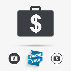 Case with Dollars USD sign. Briefcase button.