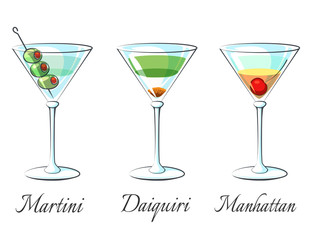 Popular alcoholic cocktails icons on white background with signs vector illustration