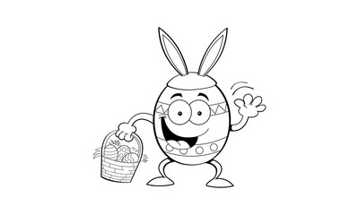 Black and white illustration of an Easter egg wearing rabbit ears and holding a Easter basket.