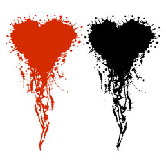 Vector hand drawn heart. Artistic creative black and red graphic illustration with inc splash, blots and smudge isolated on the white background.