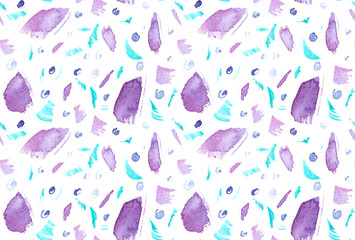 Seamless pattern with big purple smudges and abstract blue splatters painted in watercolor on white isolated background