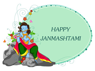 Krishna with flute on Happy Janmashtami background