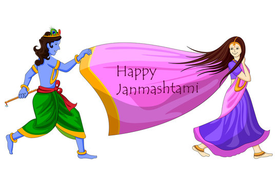 Krishna playing with Radha on Happy Janmashtami background