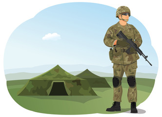Soldier in uniform, ready to fight. Army camp. Military tents on the background.