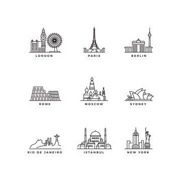 Set of line art vector cities. Design template
