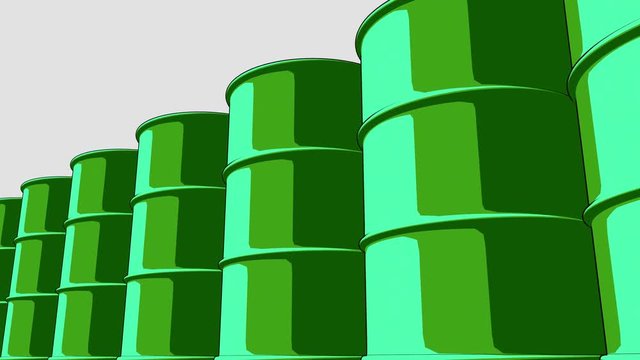 Glossy green metal barrels. Cartoon version for presentations and reports. 4K seamless loopable animation, ProRes
