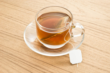 tea cup with teabag and blank label