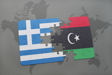 puzzle with the national flag of greece and libya on a world map background.