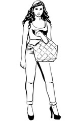 beautiful young brunette woman with a bag in his hand