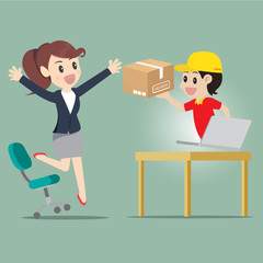 Business woman jump for kind shopping online and receive product delivery.Vector cartoon business concept.