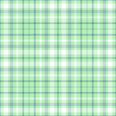 Seamless tartan plaid pattern in white, grayish green & dark green twill stripes on turquoise green background.