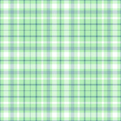 Seamless tartan plaid pattern in white, grayish green & dark green twill stripes on turquoise green background.