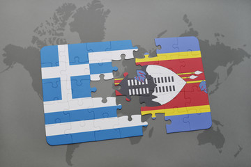 puzzle with the national flag of greece and swaziland on a world map background.