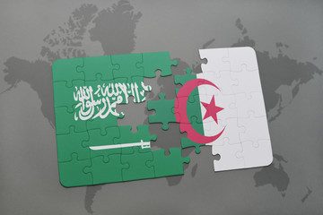 puzzle with the national flag of saudi arabia and algeria on a world map background.
