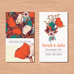 Wedding invitation card with hand drawn flower and ribbon background