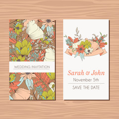 Wedding invitation card with hand drawn flower and ribbon background
