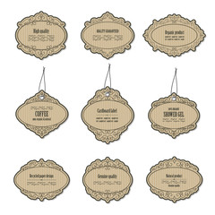 Vintage cardboard labels isolated on white.