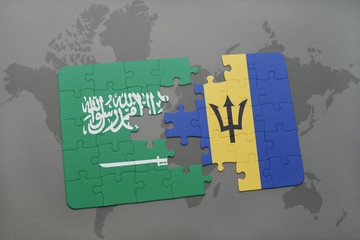 puzzle with the national flag of saudi arabia and barbados on a world map background.