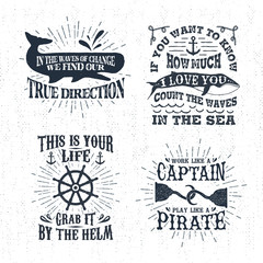 Hand drawn textured vintage labels set with whale, steering wheel, hooks vector illustrations, and inspirational lettering.