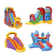 Vector illustration of inflatable castles and children hills on playground