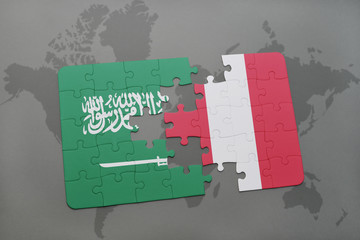 puzzle with the national flag of saudi arabia and peru on a world map background.