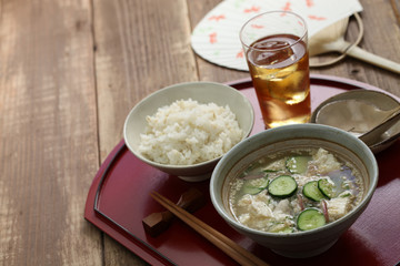 hiyajiru( cold miso soup ) with barley rice, japanese summer cuisine

