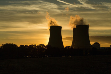 The cooling towers at night, nuclear power generation plant, Temelin, Czech Republic