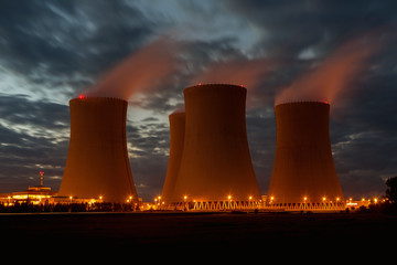 The cooling towers at night, nuclear power generation plant, Temelin, Czech Republic