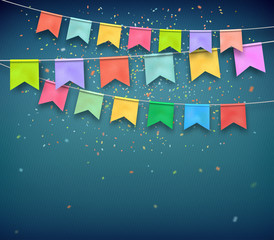 Festive flags with confetti. Garland, celebration party
