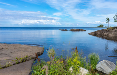 View of Lake Ladoga to Valaam Island on a sunny day.