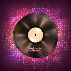 Long-playing LP vinyl records. Music backdrop with disco lights