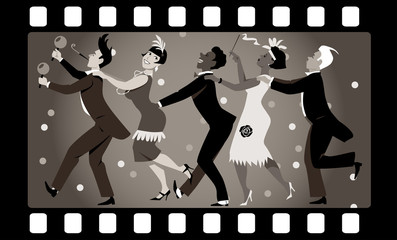 Group of people dressed in 1920s fashion dancing in a conga line in an old movie frame, EPS 8 vector illustration, no transparencies