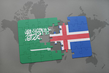 puzzle with the national flag of saudi arabia and iceland on a world map background.