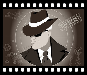 Old time male secret agent or detective in an old movie frame, vector illustration, no transparencies, EPS 8