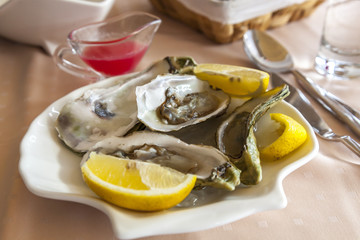 fresh oysters on a plate with lemon