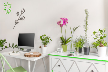 Light interior with simple desk, computer and commode decorated with green houseplants