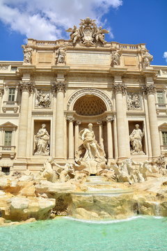 The beautiful Trevi Fountain in Rome, with its waterfalls, Italy.