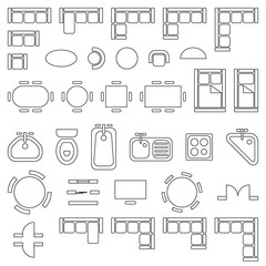 Standard furniture symbols used in architecture plans icons set, graphic design elements, outlined, isolated on white background, vector illustration.