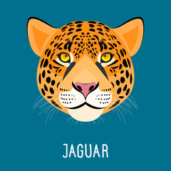 Fototapeta premium Cartoon jaguar portrait isolated on blue. Nature, wild animal an