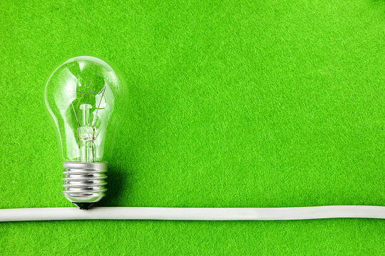 Concept ecology. Light bulb on green background with copy space