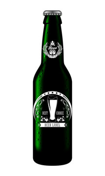 A bottle of beer with a label in vintage style. Logo and labels for alcoholic beverage.
