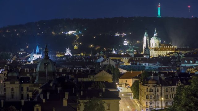 night view of the church of saint nicolas with petrin hill behind it timelapse.