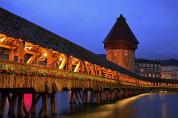 Kapellbrucke - Chapel Bridge over Reussin in Lucerne. Switzerland