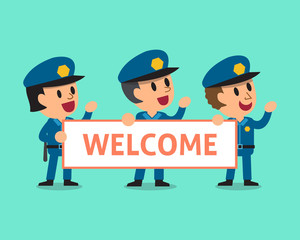 Cartoon policemen holding welcome sign
