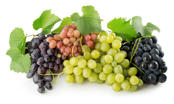 pink, purple and green grapes isolated on the white background