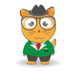 cat journalist in a suit with a hat and glasses. Vector