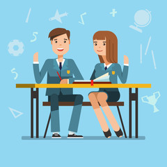 Couple of smiling teenagers young students in school uniform at the desk. Happy schoolboy and schoolgirl sitting and raised his hand in the classroom. Vector illustration of education concept