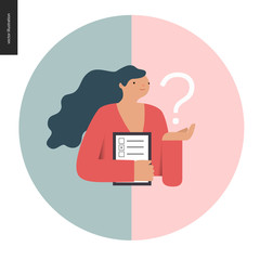 Survey icon in a circle. Flat vector cartoon illustration of a woman holding the question sign and a clipboard with the checklist on it.