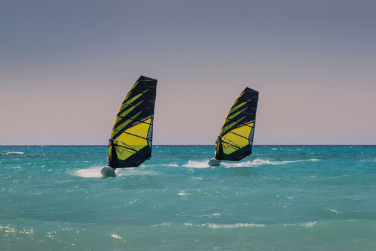 Zwei Windsurfer im Meer fahren parallel, mit ähnlichem Segel.
